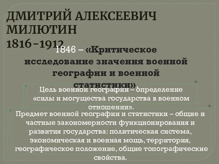 ДМИТРИЙ АЛЕКСЕЕВИЧ МИЛЮТИН 1816-1912 Цель военной географии – определение «силы и могущества