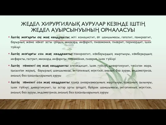 ЖЕДЕЛ ХИРУРГИЯЛЫҚ АУРУЛАР КЕЗІНДЕ ІШТІҢ ЖЕДЕЛ АУЫРСЫНУЫНЫҢ ОРНАЛАСУЫ Іштің жоғарғы оң жақ