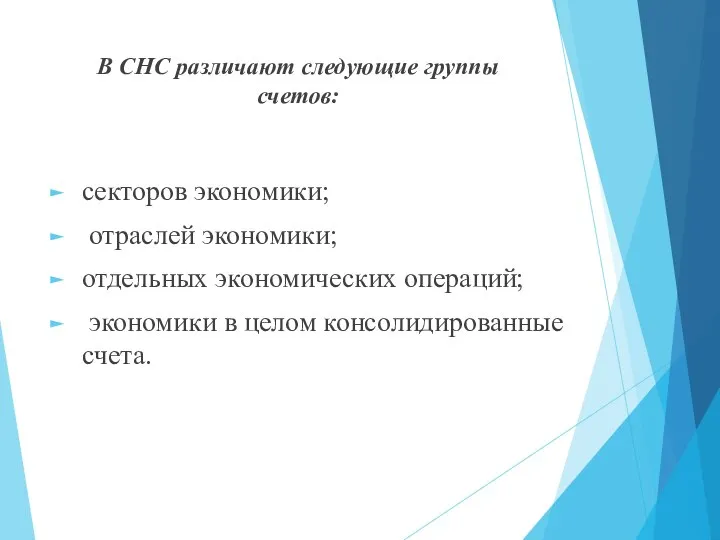 секторов экономики; отраслей экономики; отдельных экономических операций; экономики в целом консолидированные счета.