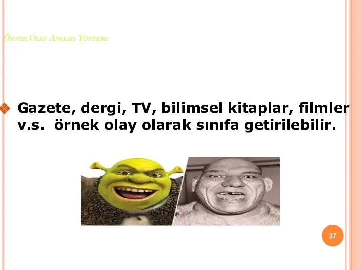 Örnek Olay Analizi Yöntemi Gazete, dergi, TV, bilimsel kitaplar, filmler v.s. örnek olay olarak sınıfa getirilebilir.