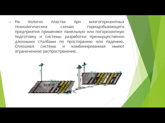 На пологих пластах при многогоризонтных технологических схемах горнодобывающего предприятия применяют панельную или