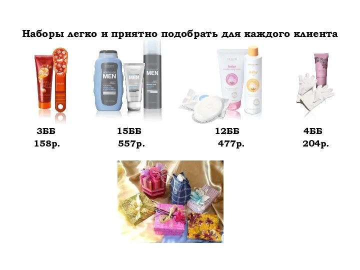 Наборы легко и приятно подобрать для каждого клиента 3ББ 15ББ 12ББ 4ББ 158р. 557р. 477р. 204р.