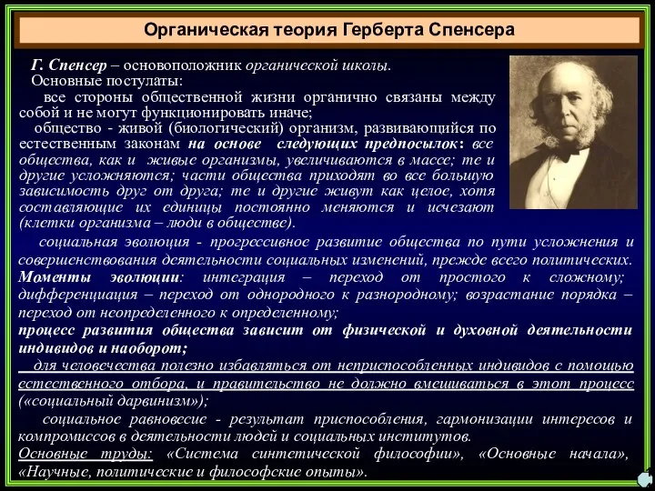 Органическая теория Герберта Спенсера 14 Г. Спенсер – основоположник органической школы. Основные