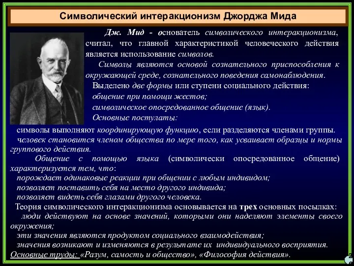 Символический интеракционизм Джорджа Мида 26 Дж. Мид - основатель символического интеракционизма, считал,