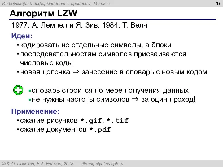 Алгоритм LZW 1977: А. Лемпел и Я. Зив, 1984: Т. Велч Идеи: