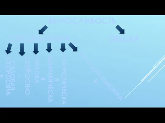 ВЫНОСЛИВОСТЬ СПЕЦИАЛЬНАЯ ОБЩАЯ СКОРОСТНАЯ СКОРОСТНО- СИЛОВАЯ КООРДИНАЦИОННАЯ СИЛОВАЯ ДИНАМИЧЕСКАЯ СТАТИСТИЧЕСКАЯ