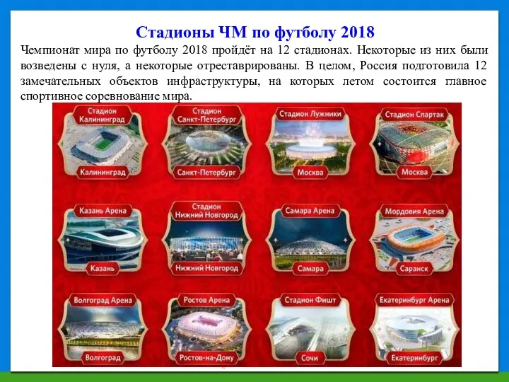 Стадионы ЧМ по футболу 2018 Чемпионат мира по футболу 2018 пройдёт на