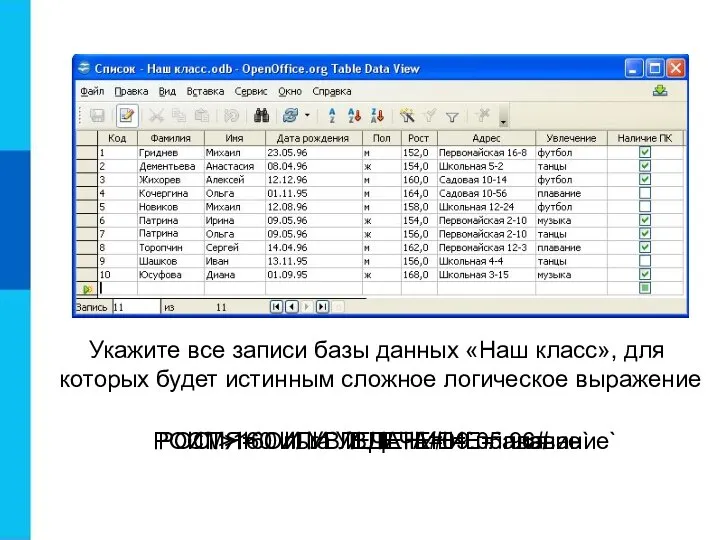 Укажите все записи базы данных «Наш класс», для которых будет истинным сложное