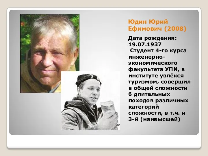 Юдин Юрий Ефимович (2008) Дата рождения: 19.07.1937 Студент 4-го курса инженерно-экономического факультета
