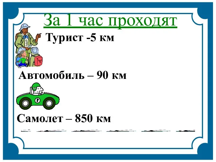 За 1 час проходят Турист -5 км Автомобиль – 90 км Самолет – 850 км