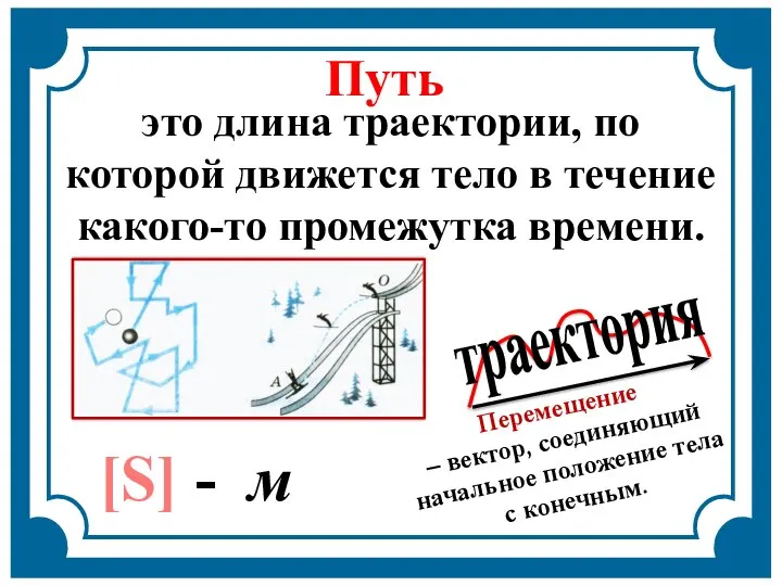 Перемещение – вектор, соединяющий начальное положение тела с конечным. траектория это длина