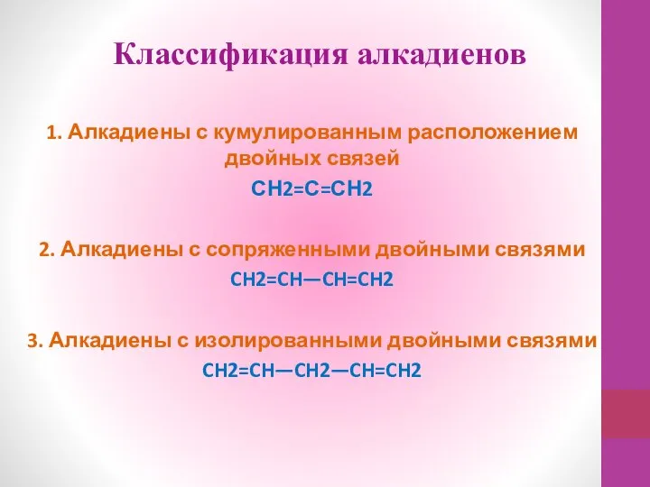 Классификация алкадиенов 1. Алкадиены с кумулированным расположением двойных связей СН2=С=СН2 2. Алкадиены