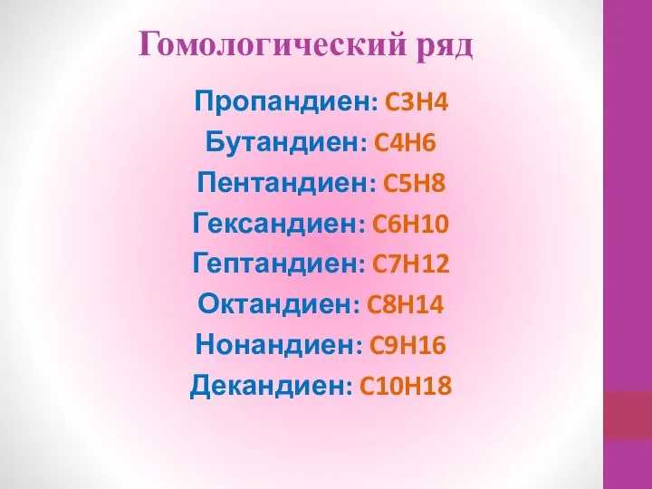 Гомологический ряд Пропандиен: C3H4 Бутандиен: C4H6 Пентандиен: C5H8 Гександиен: C6H10 Гептандиен: C7H12