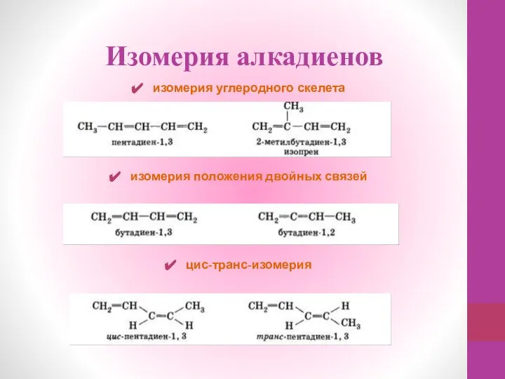 Изомерия алкадиенов изомерия углеродного скелета изомерия положения двойных связей цис-транс-изомерия