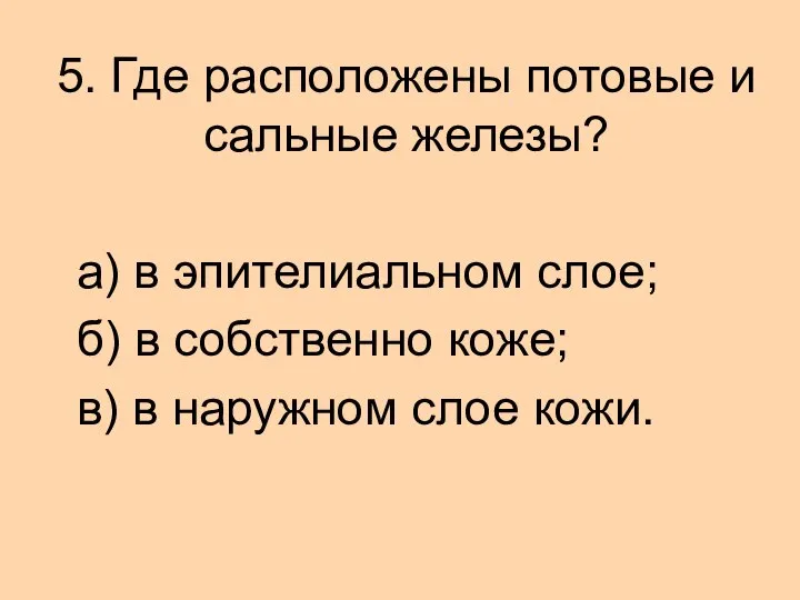 5. Где расположены потовые и сальные железы? а) в эпителиальном слое; б)