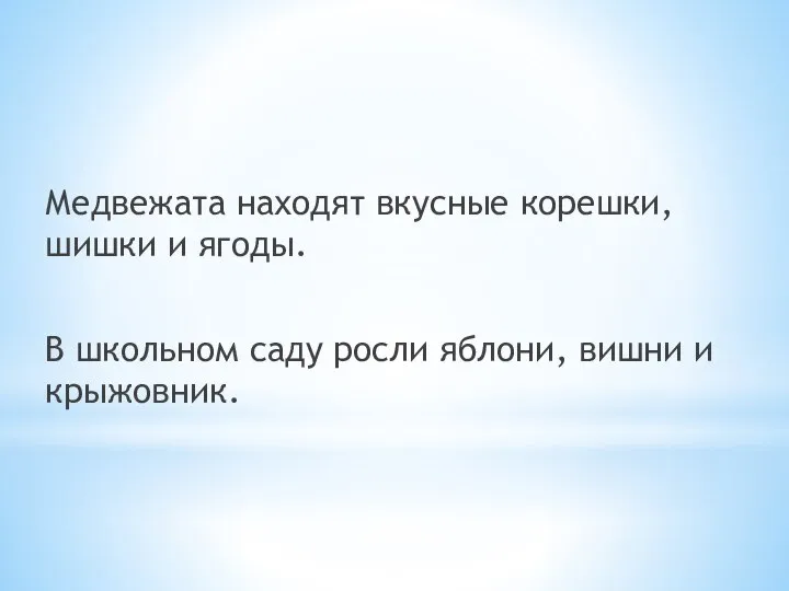 Медвежата находят вкусные корешки, шишки и ягоды. В школьном саду росли яблони, вишни и крыжовник.