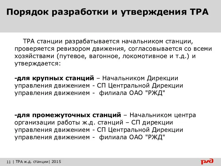 Порядок разработки и утверждения ТРА ТРА станции разрабатывается начальником станции, проверяется ревизором