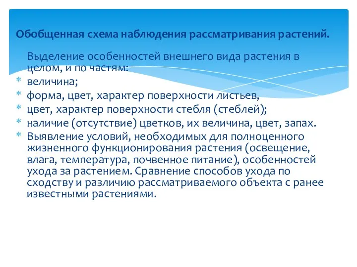 Обобщенная схема наблюдения рассматривания растений. Выделение особенностей внешнего вида растения в целом,