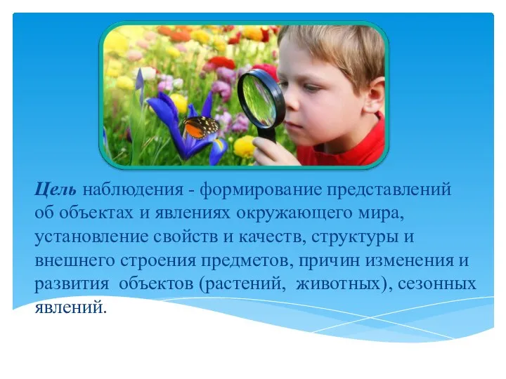 Цель наблюдения - формирование представлений об объектах и явлениях окружающего мира, установление