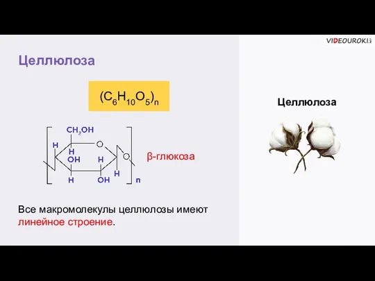 Целлюлоза Целлюлоза (С6Н10О5)n β-глюкоза Все макромолекулы целлюлозы имеют линейное строение.