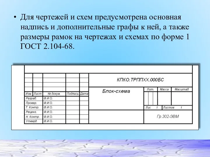 Для чертежей и схем предусмотрена основная надпись и дополнительные графы к ней,