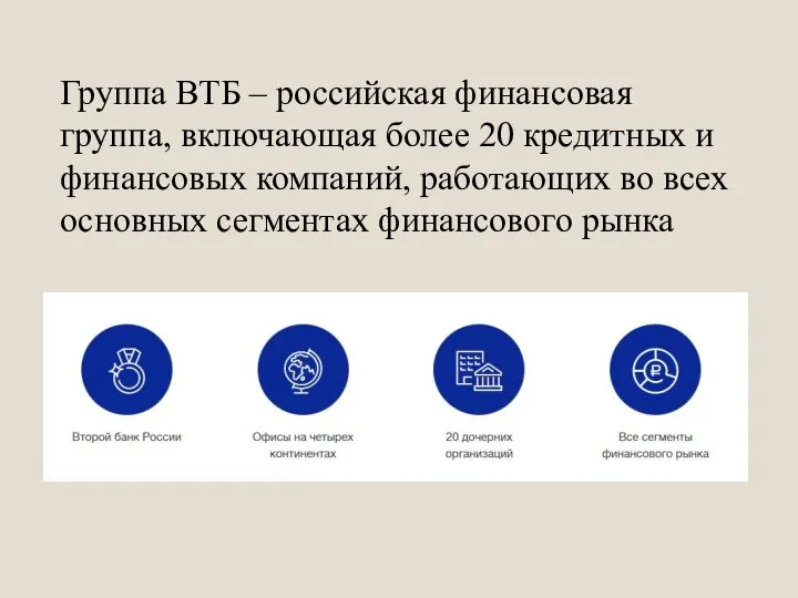 Группа ВТБ – российская финансовая группа, включающая более 20 кредитных и финансовых
