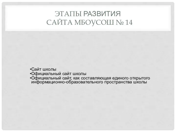 ЭТАПЫ РАЗВИТИЯ САЙТА МБОУСОШ № 14 Сайт школы Официальный сайт школы Официальный