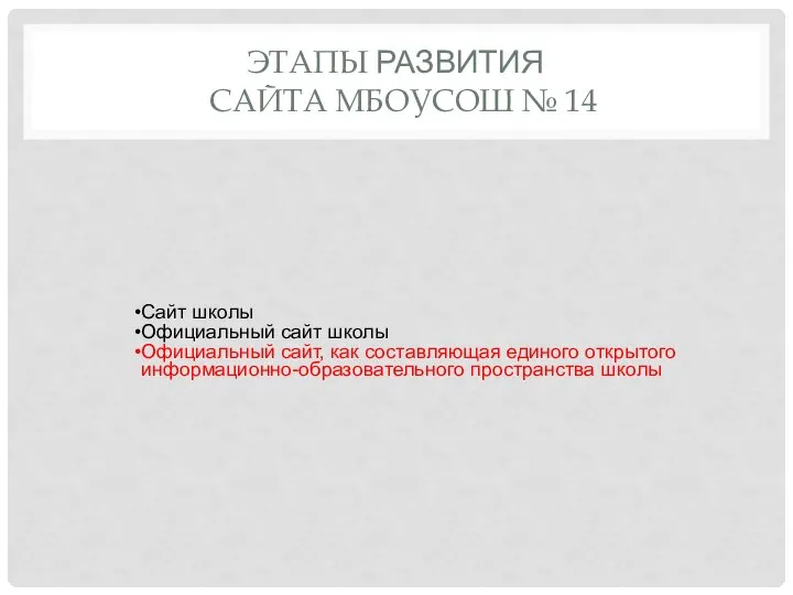 ЭТАПЫ РАЗВИТИЯ САЙТА МБОУСОШ № 14 Сайт школы Официальный сайт школы Официальный