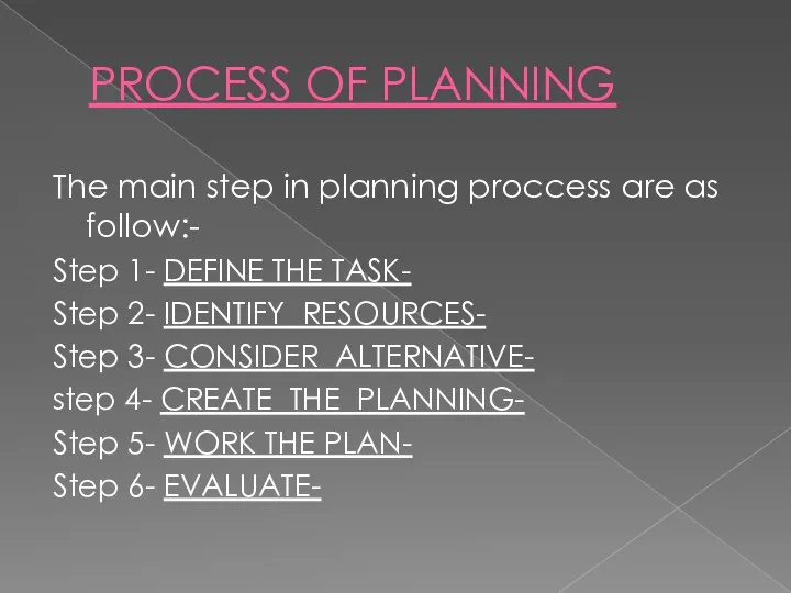 PROCESS OF PLANNING The main step in planning proccess are as follow:-