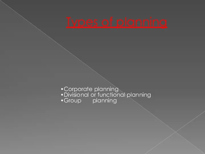 Types of planning Corporate planning Divisional or functional planning Group planning