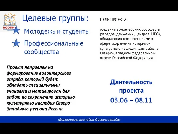 «Волонтеры наследия Северо-запада» Молодежь и студенты ЦЕЛЬ ПРОЕКТА: создание волонтёрских сообществ (отрядов,