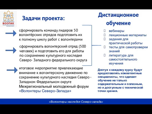 «Волонтеры наследия Северо-запада» Задачи проекта: сформировать команду лидеров 50 волонтёрских отрядов подготовить