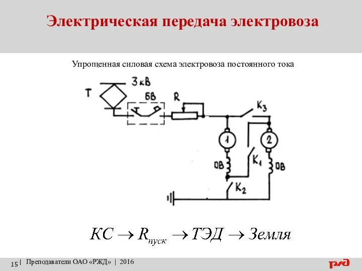 Электрическая передача электровоза | Преподаватели ОАО «РЖД» | 2016 Упрощенная силовая схема электровоза постоянного тока