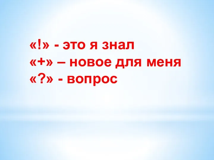 «!» - это я знал «+» – новое для меня «?» - вопрос