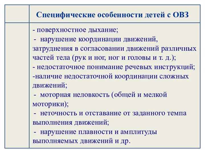 Специфические особенности детей с ОВЗ - поверхностное дыхание; нарушение координации движений, затруднения