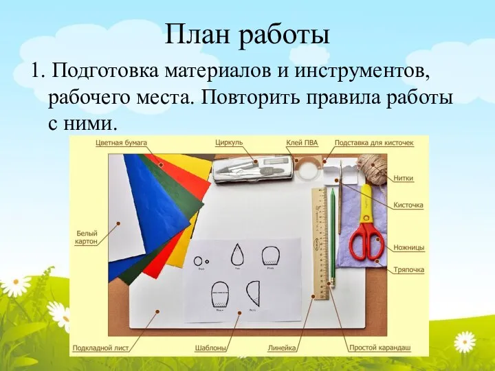 План работы 1. Подготовка материалов и инструментов, рабочего места. Повторить правила работы с ними.