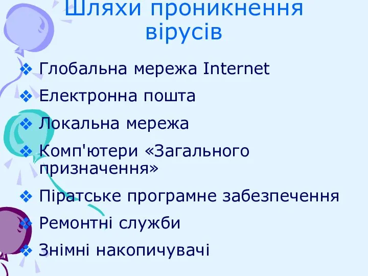 Глобальна мережа Internet Електронна пошта Локальна мережа Комп'ютери «Загального призначення» Піратське програмне