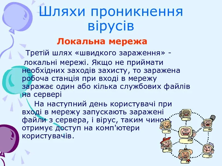 Шляхи проникнення вірусів Локальна мережа Третій шлях «швидкого зараження» - локальні мережі.