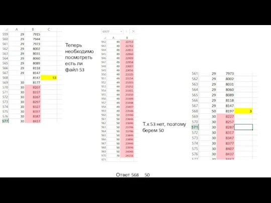 Теперь необходимо посмотреть есть ли файл 53 Т.к 53 нет, поэтому берем 50 Ответ 568 50