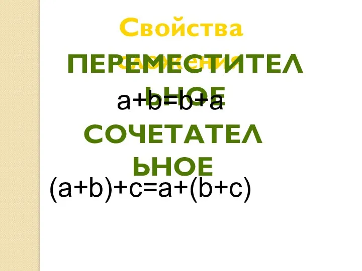 Свойства сложения ПЕРЕМЕСТИТЕЛЬНОЕ a+b=b+a (a+b)+c=a+(b+c) СОЧЕТАТЕЛЬНОЕ