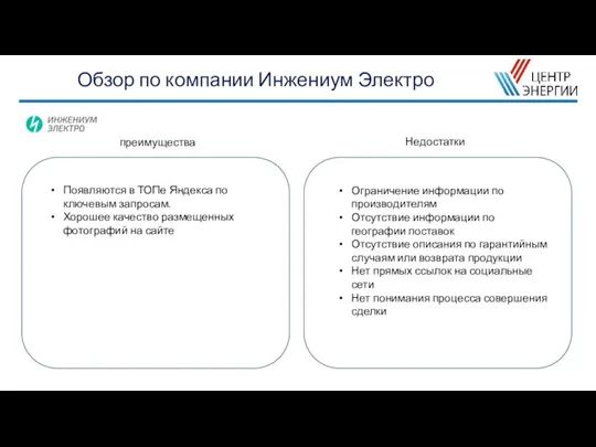 Обзор по компании Инжениум Электро Появляются в ТОПе Яндекса по ключевым запросам.
