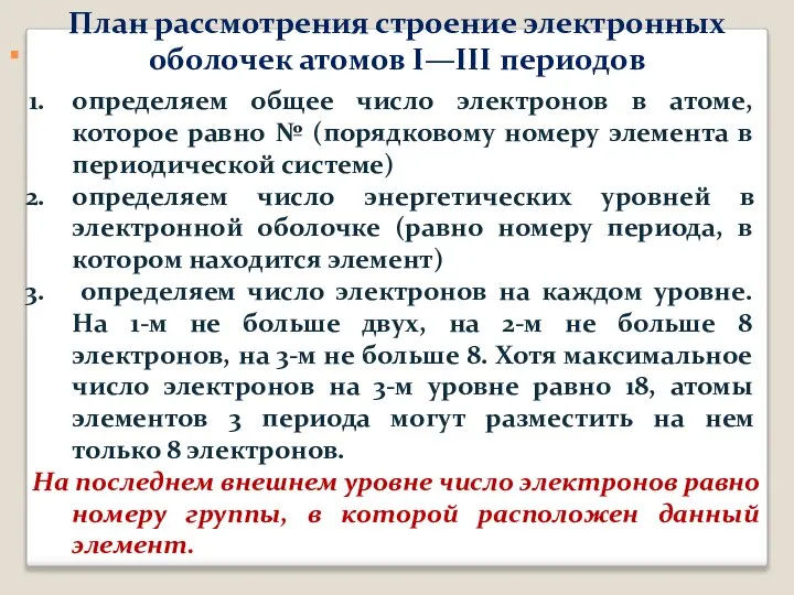 . : План рассмотрения строение электронных оболочек атомов I—III периодов определяем общее