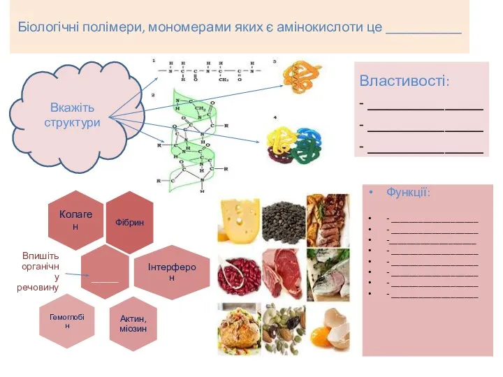 Біологічні полімери, мономерами яких є амінокислоти це ___________ Властивості: - _______________ -