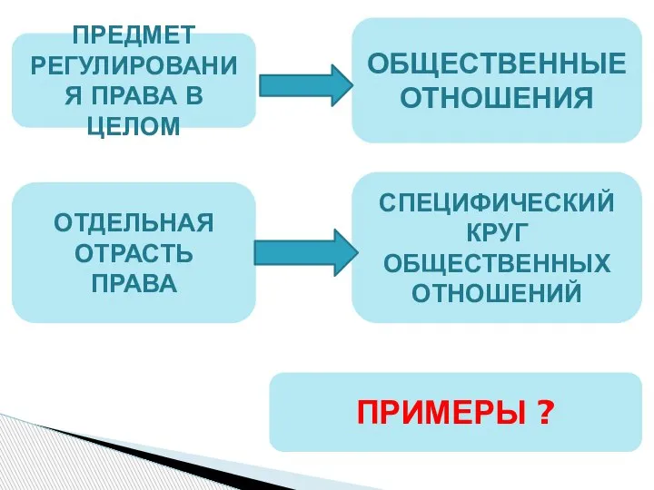 ПРЕДМЕТ РЕГУЛИРОВАНИЯ ПРАВА В ЦЕЛОМ ОБЩЕСТВЕННЫЕ ОТНОШЕНИЯ ОТДЕЛЬНАЯ ОТРАСТЬ ПРАВА СПЕЦИФИЧЕСКИЙ КРУГ ОБЩЕСТВЕННЫХ ОТНОШЕНИЙ ПРИМЕРЫ ?