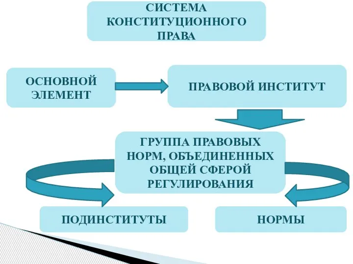 СИСТЕМА КОНСТИТУЦИОННОГО ПРАВА ОСНОВНОЙ ЭЛЕМЕНТ ПРАВОВОЙ ИНСТИТУТ ГРУППА ПРАВОВЫХ НОРМ, ОБЪЕДИНЕННЫХ ОБЩЕЙ СФЕРОЙ РЕГУЛИРОВАНИЯ ПОДИНСТИТУТЫ НОРМЫ