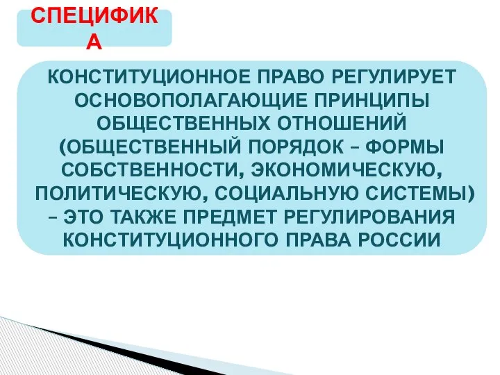 СПЕЦИФИКА КОНСТИТУЦИОННОЕ ПРАВО РЕГУЛИРУЕТ ОСНОВОПОЛАГАЮЩИЕ ПРИНЦИПЫ ОБЩЕСТВЕННЫХ ОТНОШЕНИЙ (ОБЩЕСТВЕННЫЙ ПОРЯДОК – ФОРМЫ