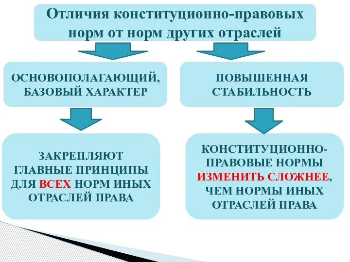 Отличия конституционно-правовых норм от норм других отраслей ОСНОВОПОЛАГАЮЩИЙ, БАЗОВЫЙ ХАРАКТЕР ПОВЫШЕННАЯ СТАБИЛЬНОСТЬ