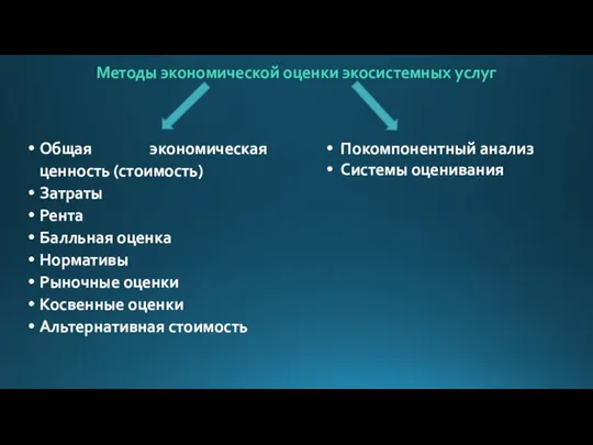 Методы экономической оценки экосистемных услуг Общая экономическая ценность (стоимость) Затраты Рента Балльная