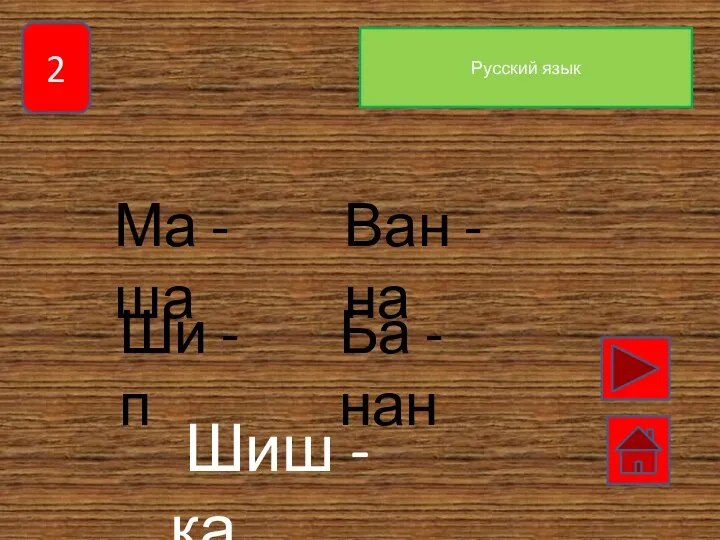 2 Русский язык Ма -ша Ван -на Ши -п Ба -нан Шиш -ка