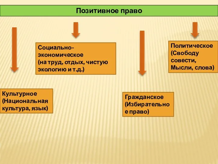 Позитивное право Социально-экономическое (на труд, отдых, чистую экологию и т.д.) Политическое (Свободу